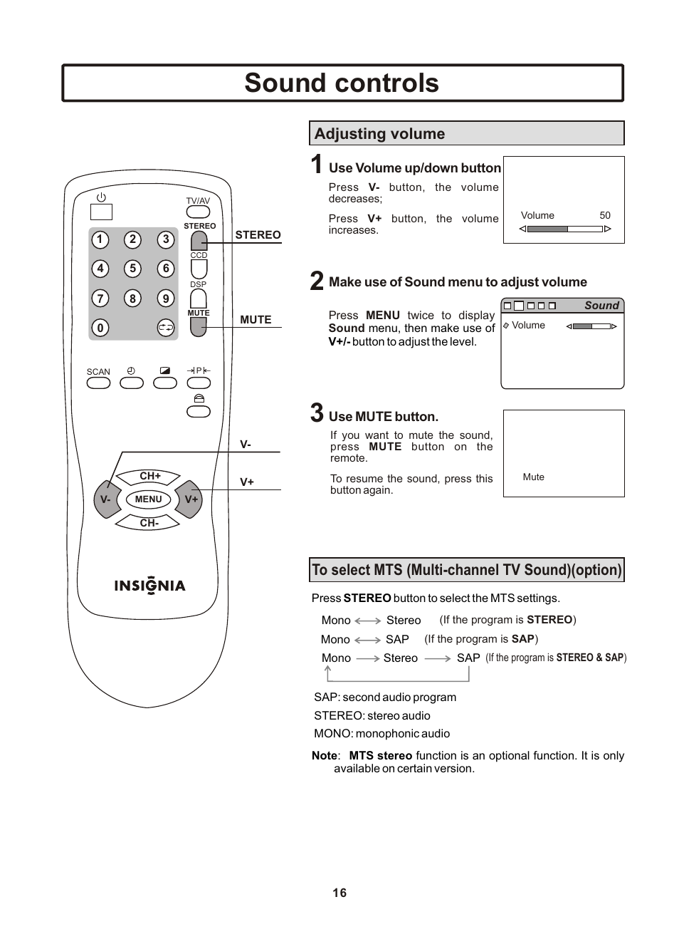 页面 17, Sound controls, Adjusting volume | Insignia IS-TV040922 User Manual | Page 17 / 29