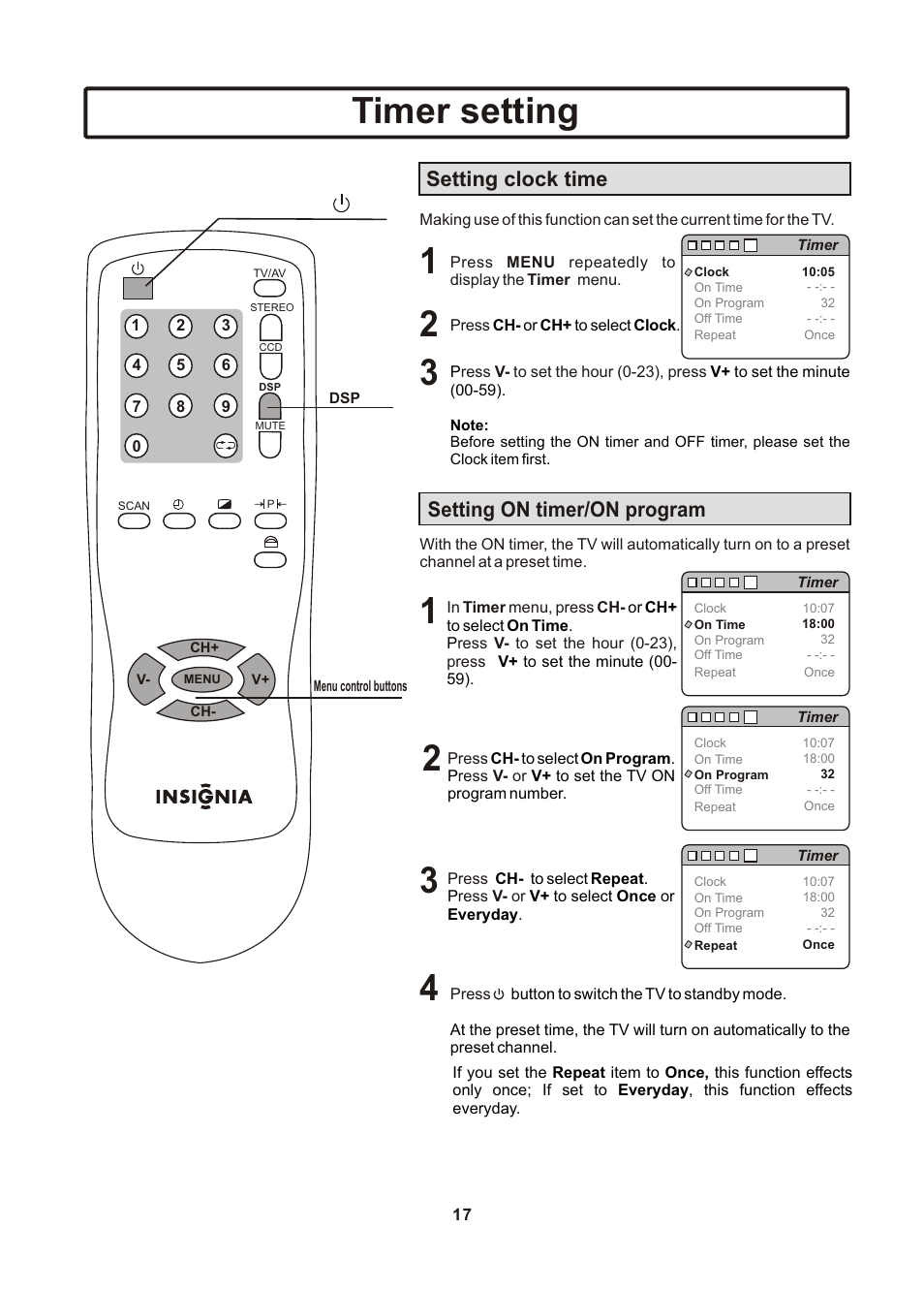 页面 18, Timer setting, Setting clock time | Setting on timer/on program | Insignia IS-TV040922 User Manual | Page 18 / 29