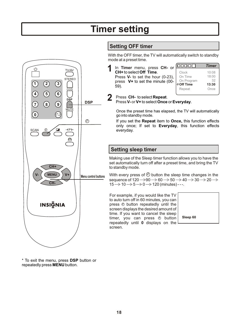 页面 19, Timer setting, Setting off timer | Setting sleep timer | Insignia IS-TV040922 User Manual | Page 19 / 29