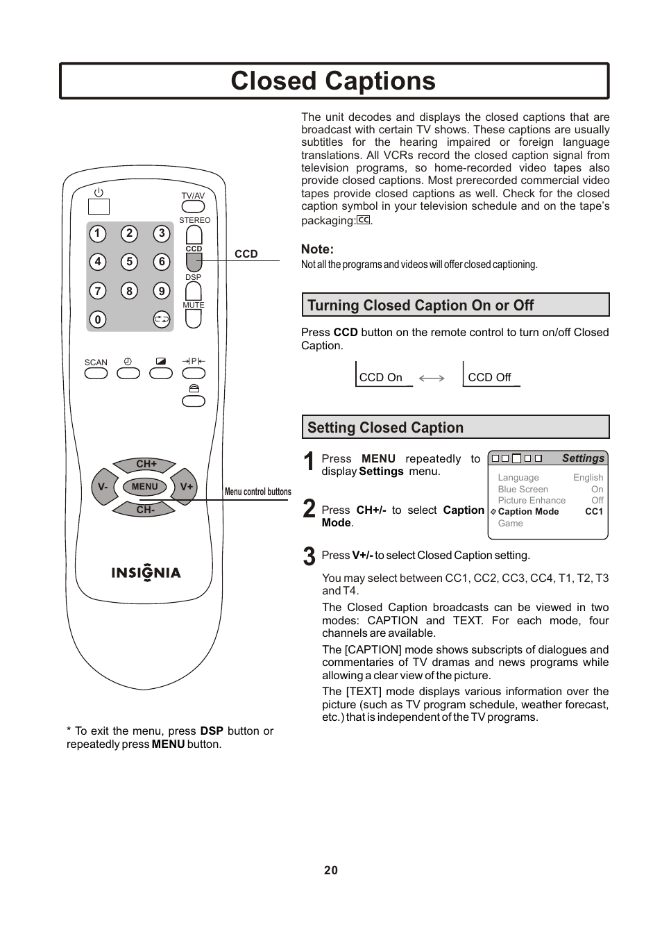 页面 21, Closed captions, Turning closed caption on or off | Setting closed caption | Insignia IS-TV040922 User Manual | Page 21 / 29