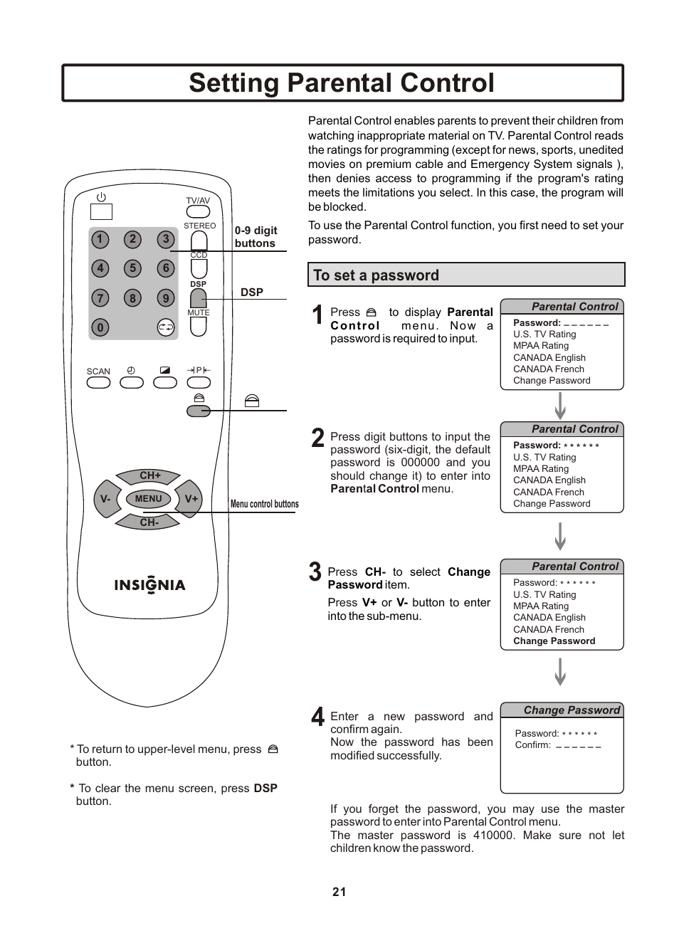 页面 22, Setting parental control | Insignia IS-TV040922 User Manual | Page 22 / 29