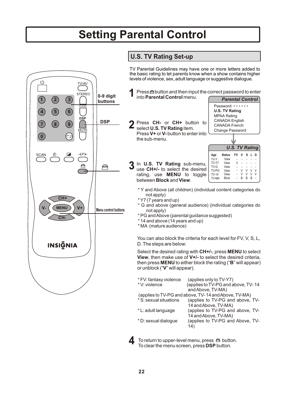 页面 23, Setting parental control, U.s. tv rating set-up | Insignia IS-TV040922 User Manual | Page 23 / 29