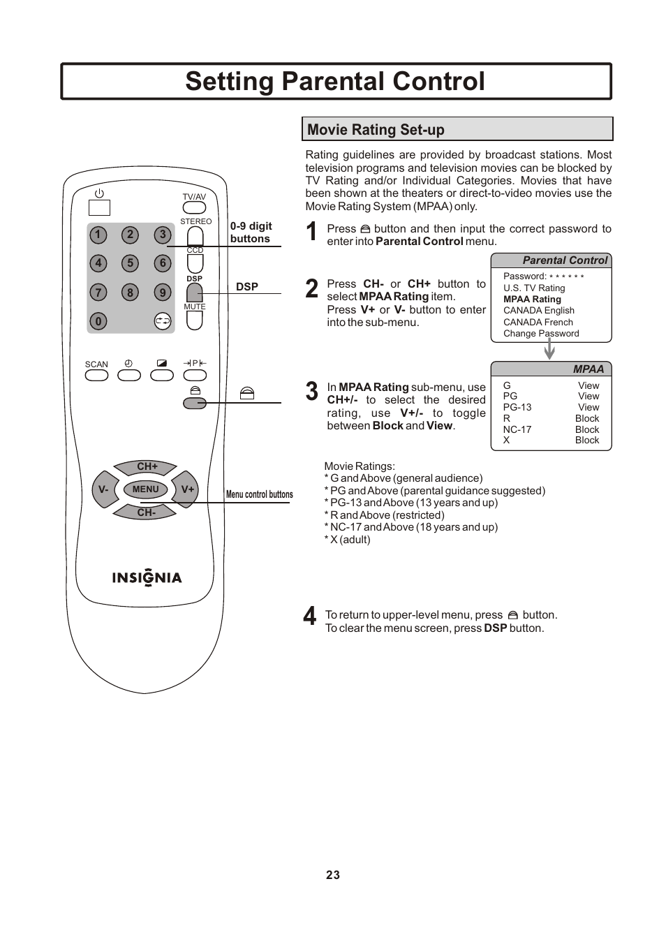 页面 24, Setting parental control, Movie rating set-up | Insignia IS-TV040922 User Manual | Page 24 / 29