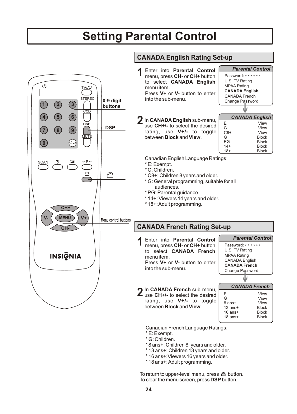 页面 25, Setting parental control, Canada english rating set-up | Canada french rating set-up | Insignia IS-TV040922 User Manual | Page 25 / 29