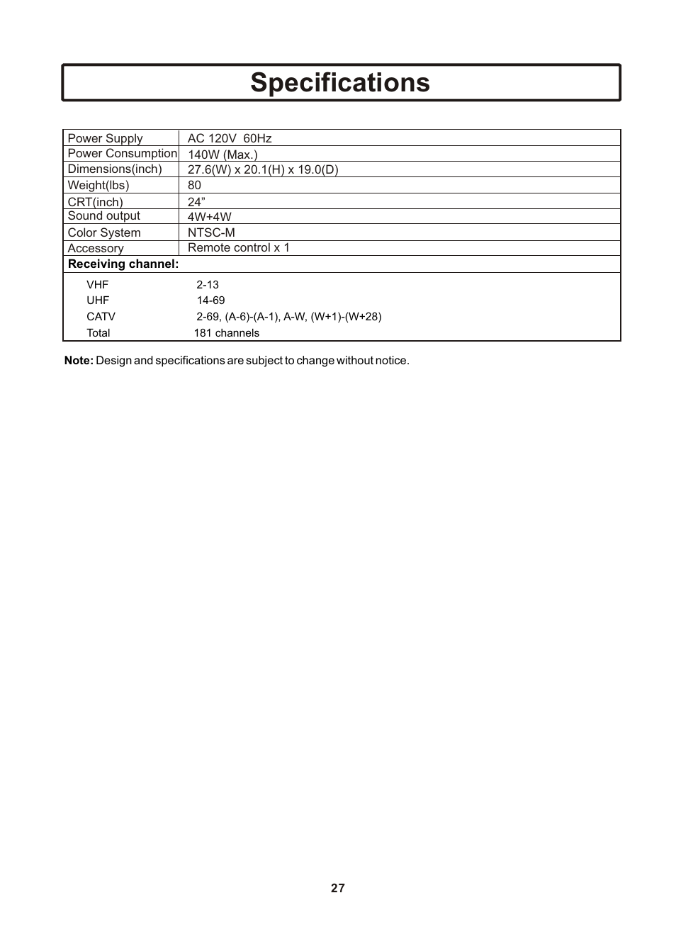 页面 28, Specifications | Insignia IS-TV040922 User Manual | Page 28 / 29