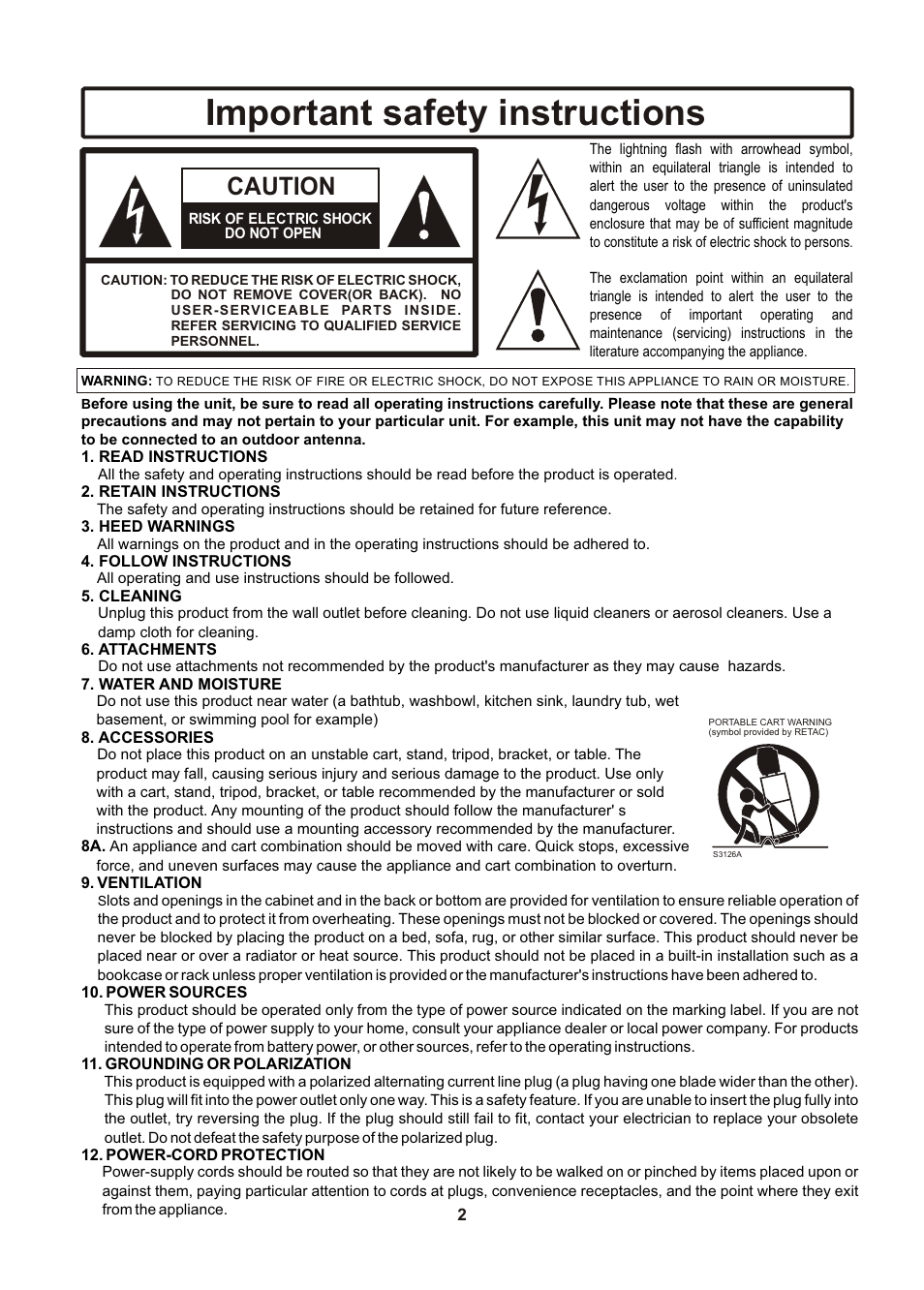 页面 3, Important safety instructions, Caution | Insignia IS-TV040922 User Manual | Page 3 / 29