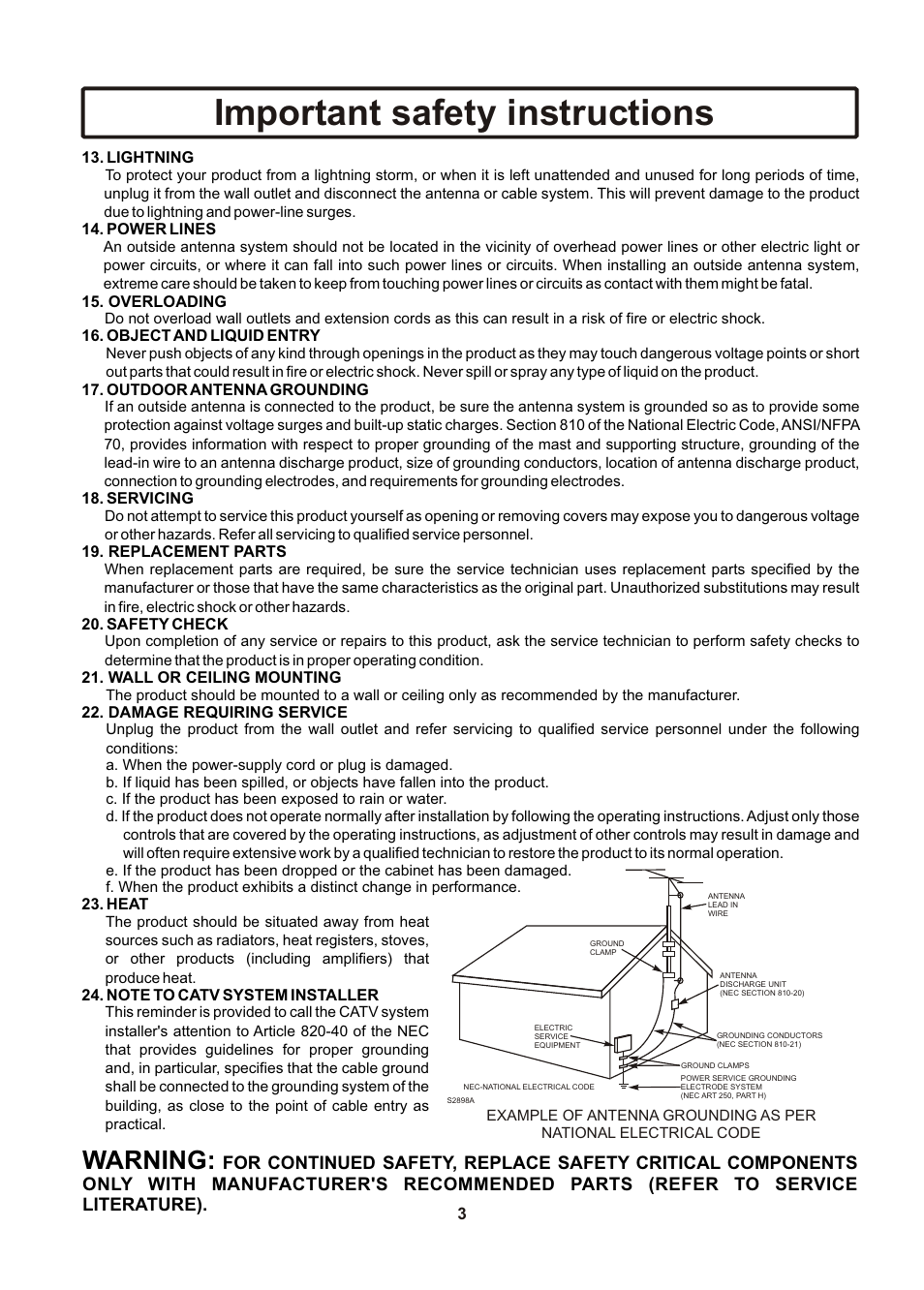 页面 4, Important safety instructions, Warning | Insignia IS-TV040922 User Manual | Page 4 / 29