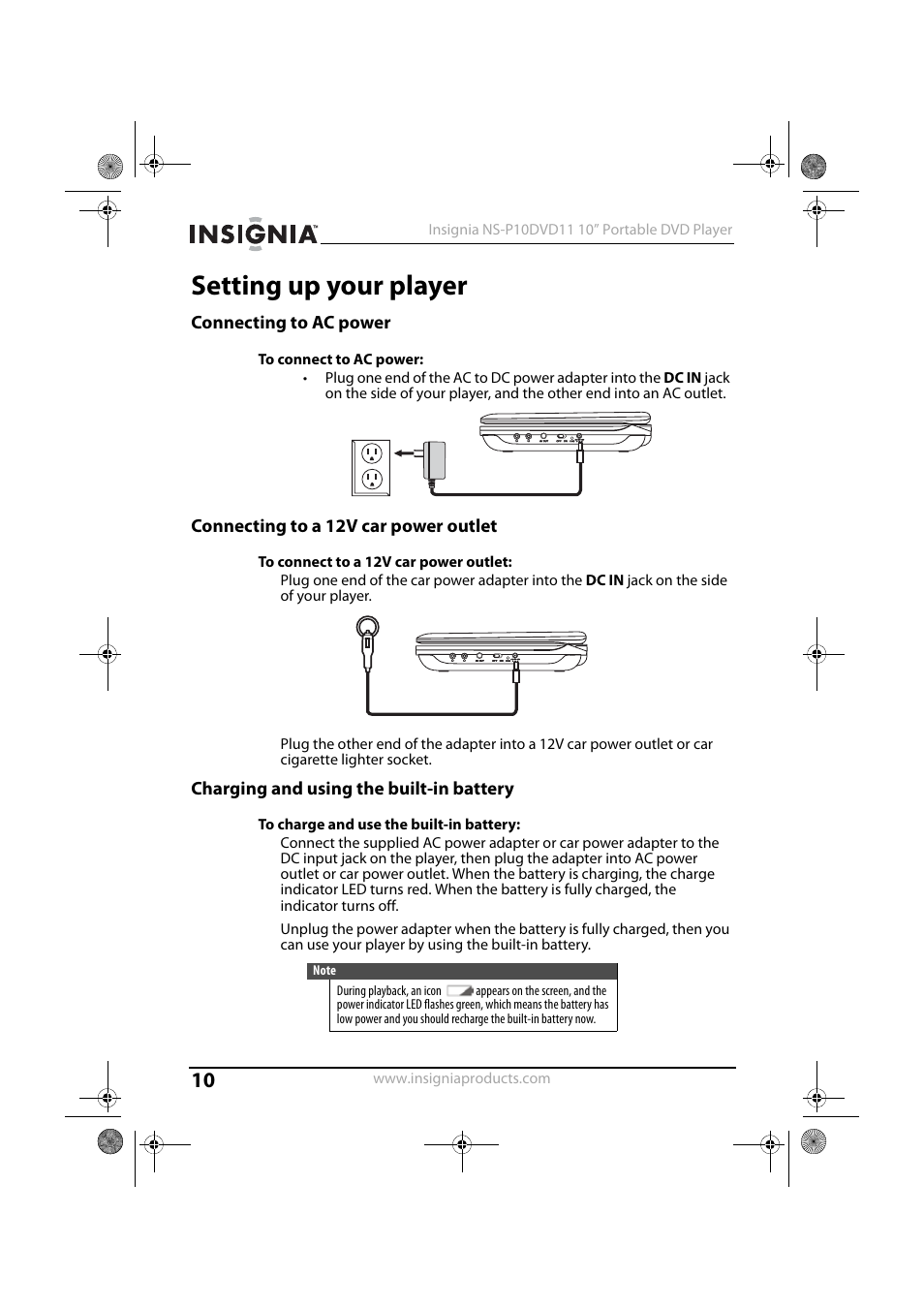 Setting up your player, Connecting to ac power, Connecting to a 12v car power outlet | Charging and using the built-in battery | Insignia NS-P10DVD11 User Manual | Page 10 / 27