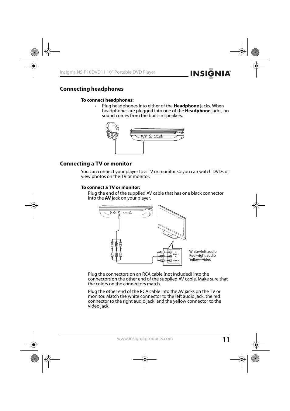 Connecting headphones, Connecting a tv or monitor, Connecting headphones connecting a tv or monitor | Insignia NS-P10DVD11 User Manual | Page 11 / 27