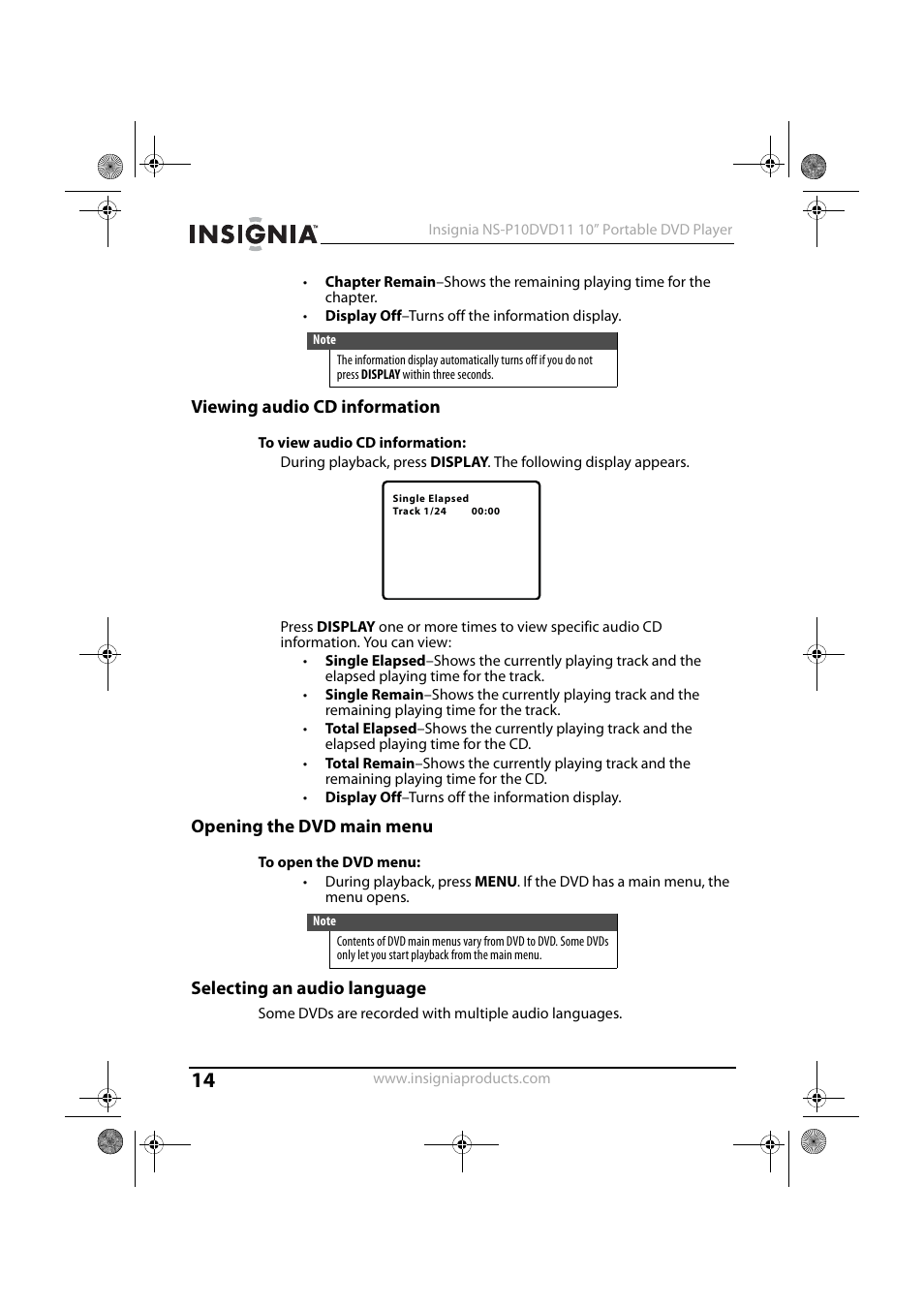 Viewing audio cd information, Opening the dvd main menu, Selecting an audio language | Insignia NS-P10DVD11 User Manual | Page 14 / 27