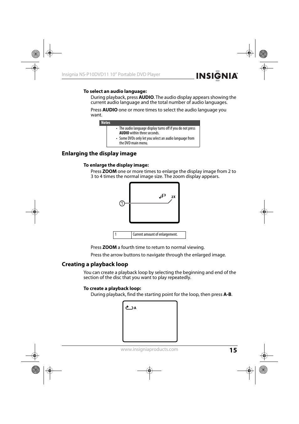 Enlarging the display image, Creating a playback loop | Insignia NS-P10DVD11 User Manual | Page 15 / 27
