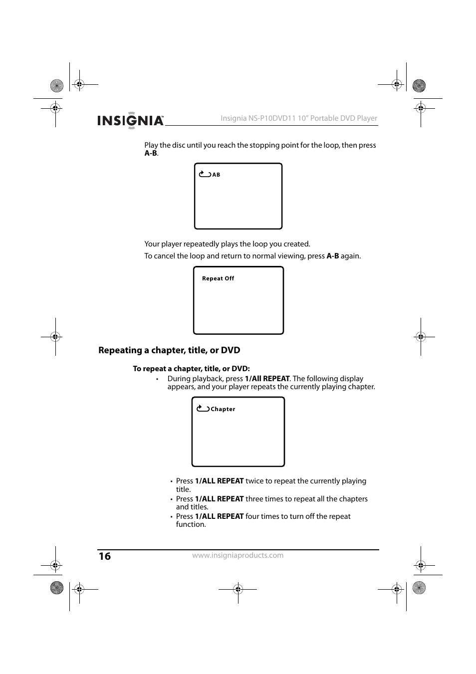 Repeating a chapter, title, or dvd | Insignia NS-P10DVD11 User Manual | Page 16 / 27