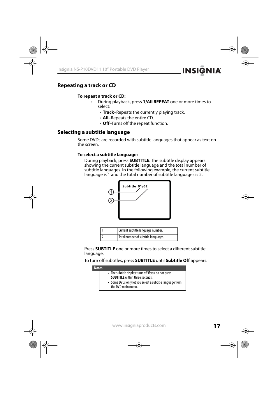 Repeating a track or cd, Selecting a subtitle language | Insignia NS-P10DVD11 User Manual | Page 17 / 27