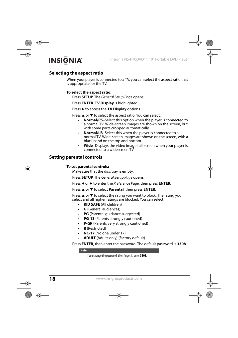 Selecting the aspect ratio, Setting parental controls | Insignia NS-P10DVD11 User Manual | Page 18 / 27