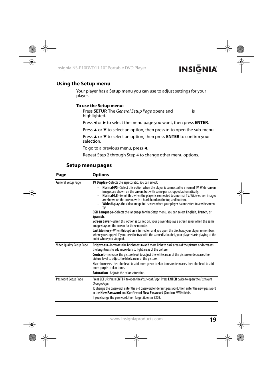 Using the setup menu, Setup menu pages | Insignia NS-P10DVD11 User Manual | Page 19 / 27