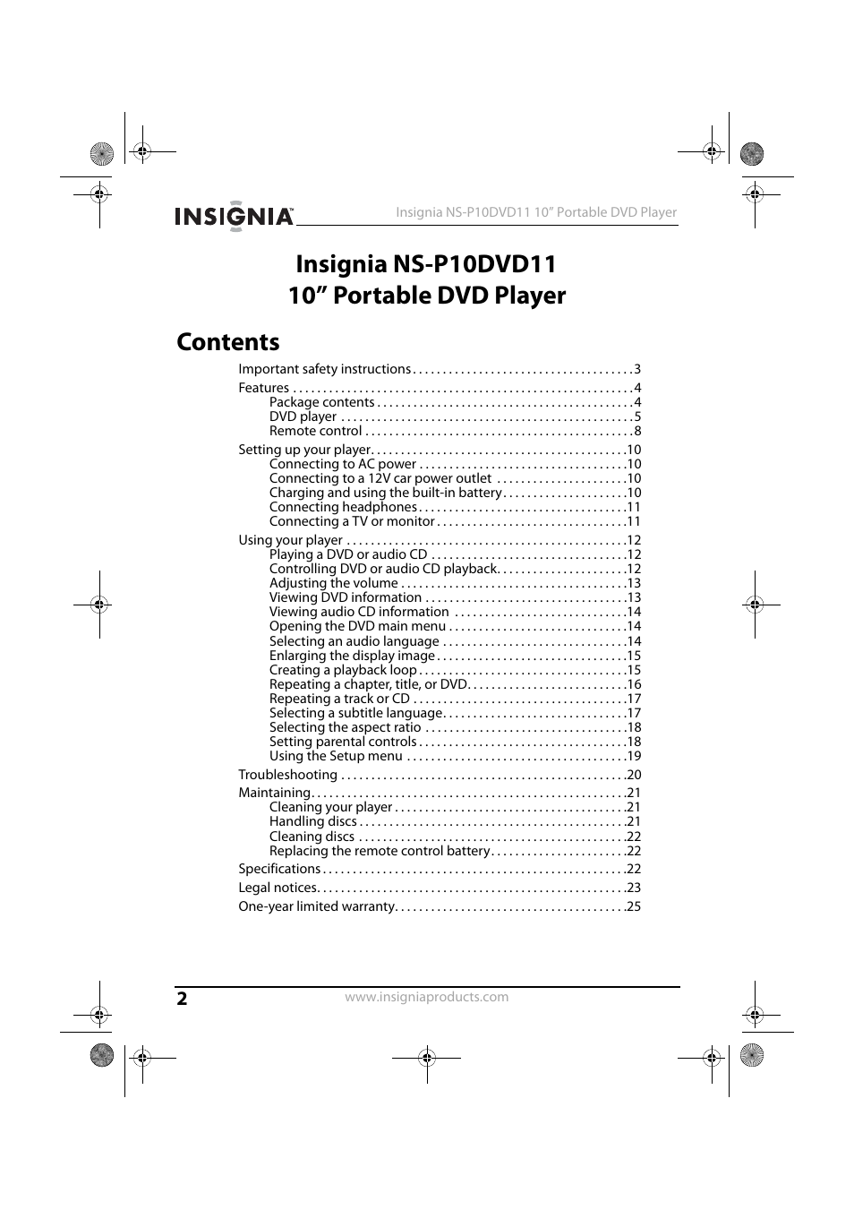 Insignia NS-P10DVD11 User Manual | Page 2 / 27