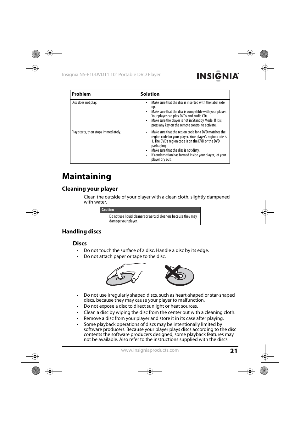 Maintaining, Cleaning your player, Handling discs | Cleaning your player handling discs, Handling discs discs | Insignia NS-P10DVD11 User Manual | Page 21 / 27