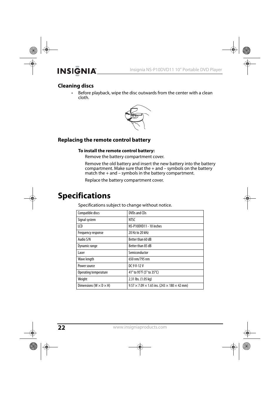 Cleaning discs, Replacing the remote control battery, Specifications | Insignia NS-P10DVD11 User Manual | Page 22 / 27