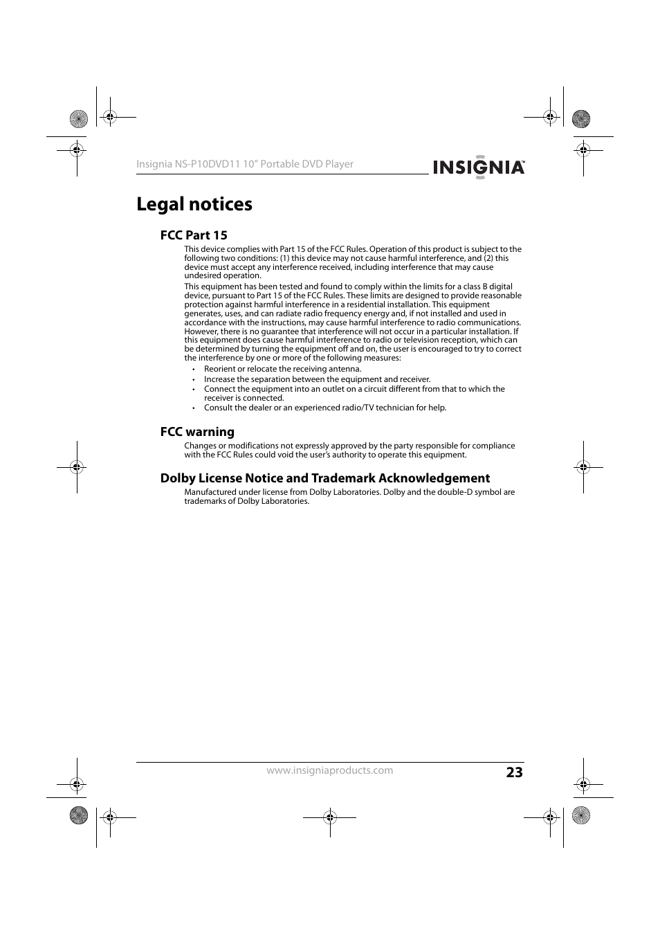 Legal notices, Fcc part 15, Fcc warning | Dolby license notice and trademark acknowledgement | Insignia NS-P10DVD11 User Manual | Page 23 / 27