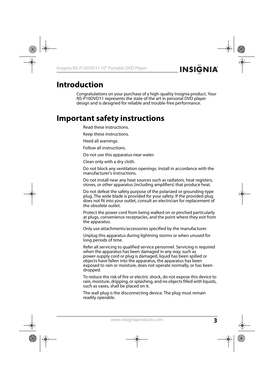 Introduction, Important safety instructions | Insignia NS-P10DVD11 User Manual | Page 3 / 27