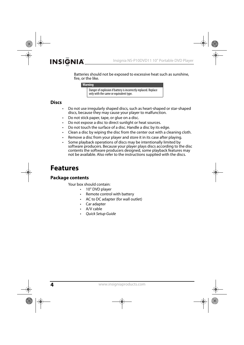 Discs, Features, Package contents | Insignia NS-P10DVD11 User Manual | Page 4 / 27