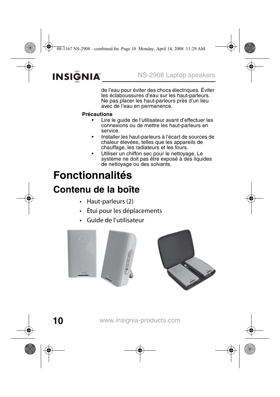 Fonctionnalités, Contenu de la boîte | Insignia NS-2908 User Manual | Page 12 / 28