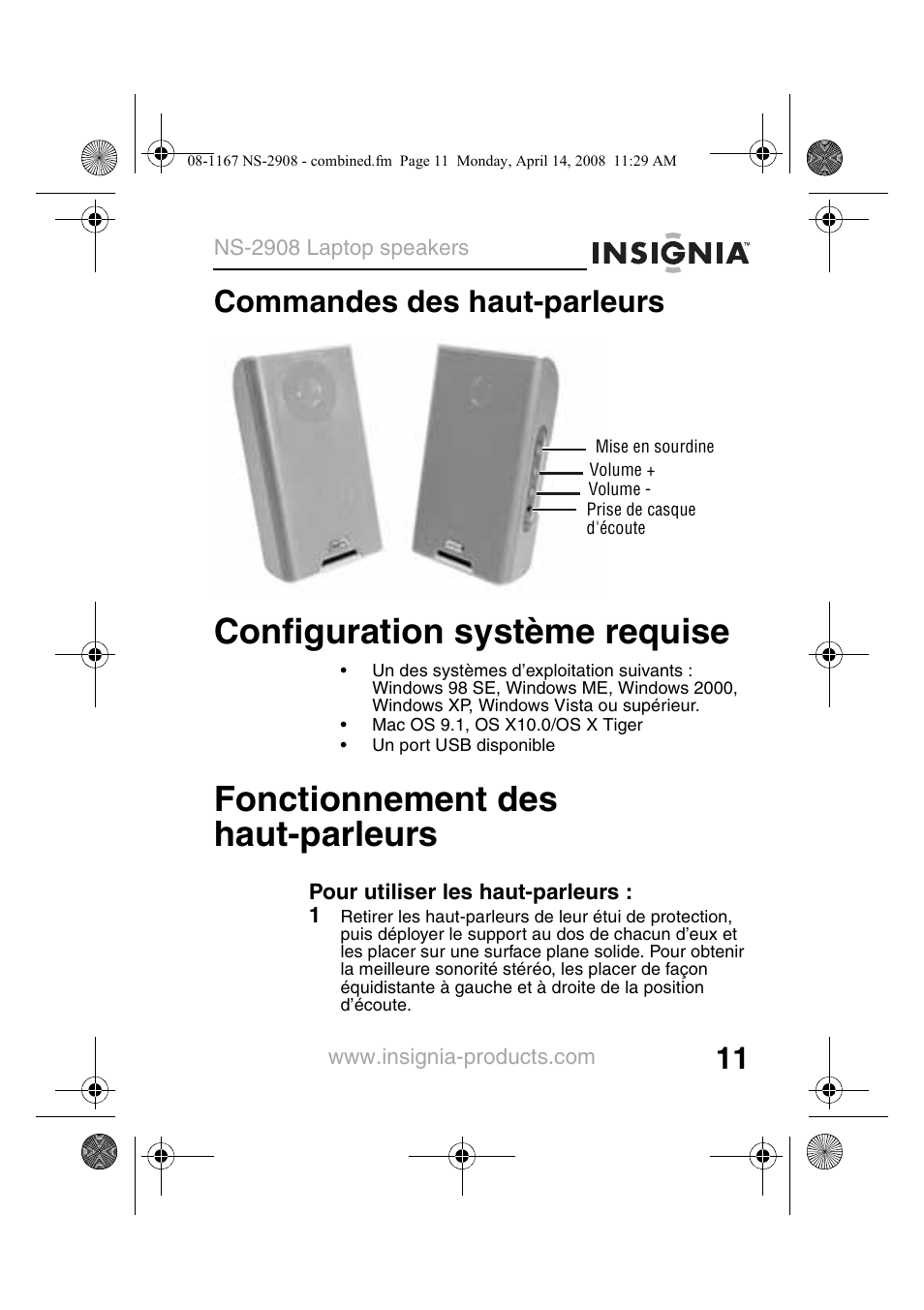 Commandes des haut-parleurs, Configuration système requise, Fonctionnement des haut-parleurs | Insignia NS-2908 User Manual | Page 13 / 28