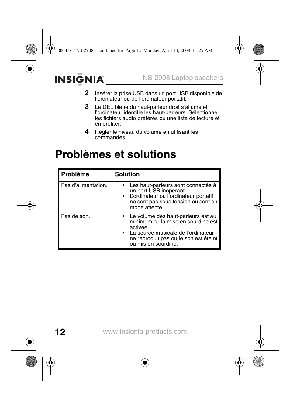 Problèmes et solutions | Insignia NS-2908 User Manual | Page 14 / 28