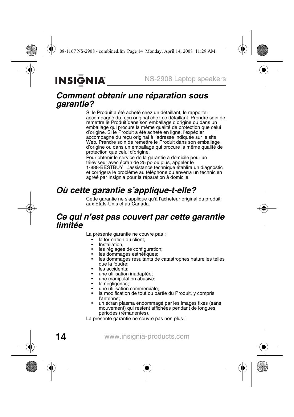 Comment obtenir une réparation sous garantie, Où cette garantie s’applique-t-elle | Insignia NS-2908 User Manual | Page 16 / 28