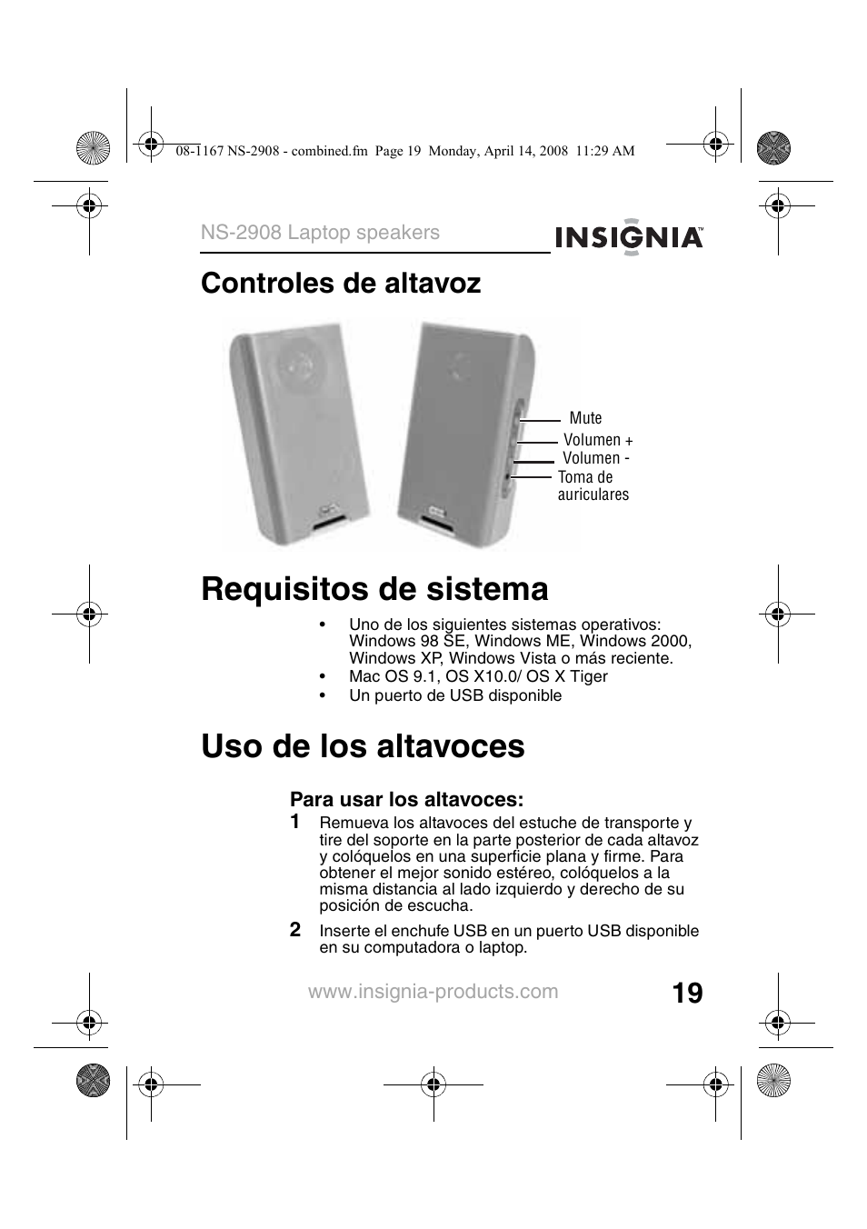 Controles de altavoz, Requisitos de sistema, Uso de los altavoces | Requisitos de sistema uso de los altavoces | Insignia NS-2908 User Manual | Page 21 / 28