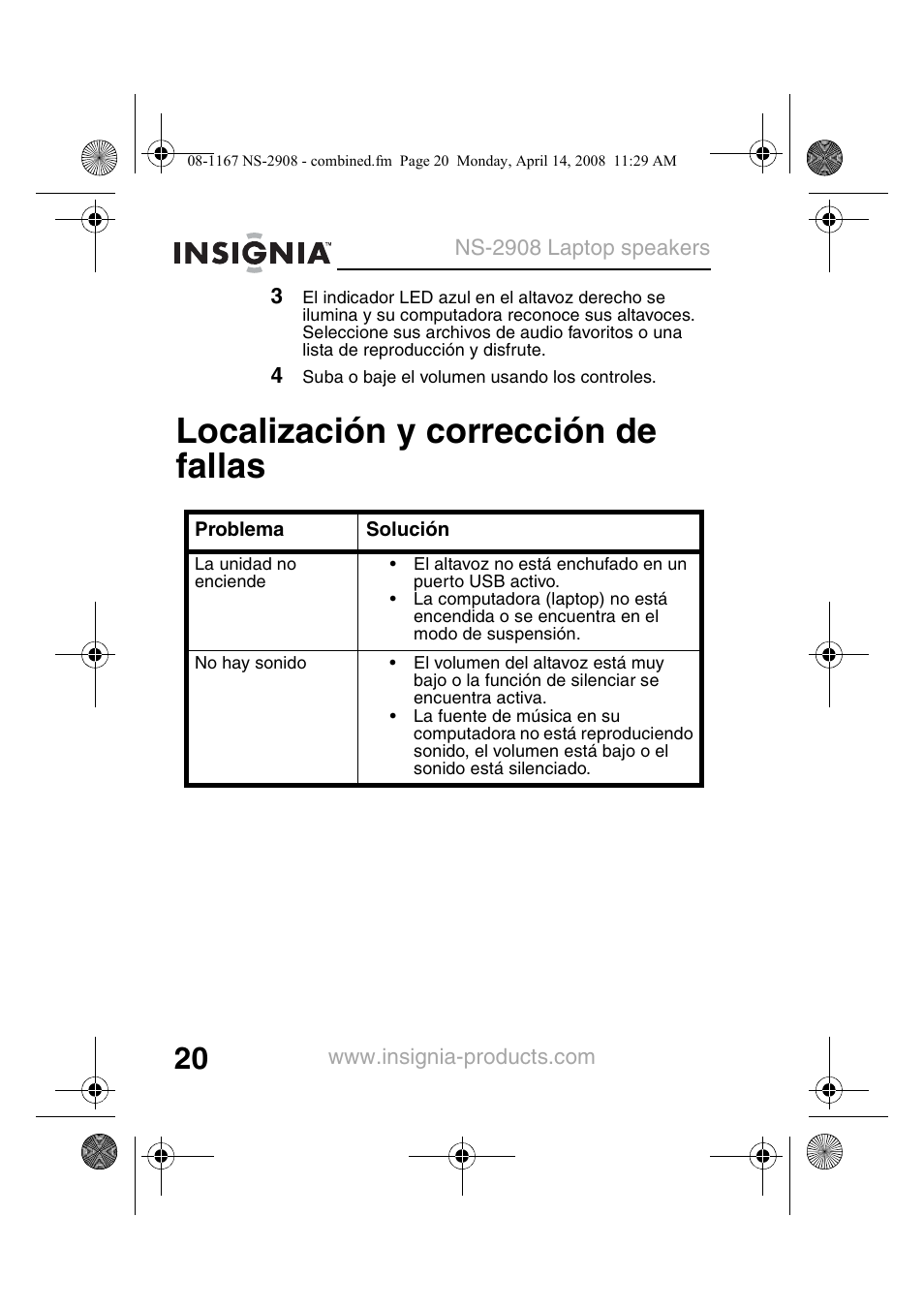 Localización y corrección de fallas | Insignia NS-2908 User Manual | Page 22 / 28