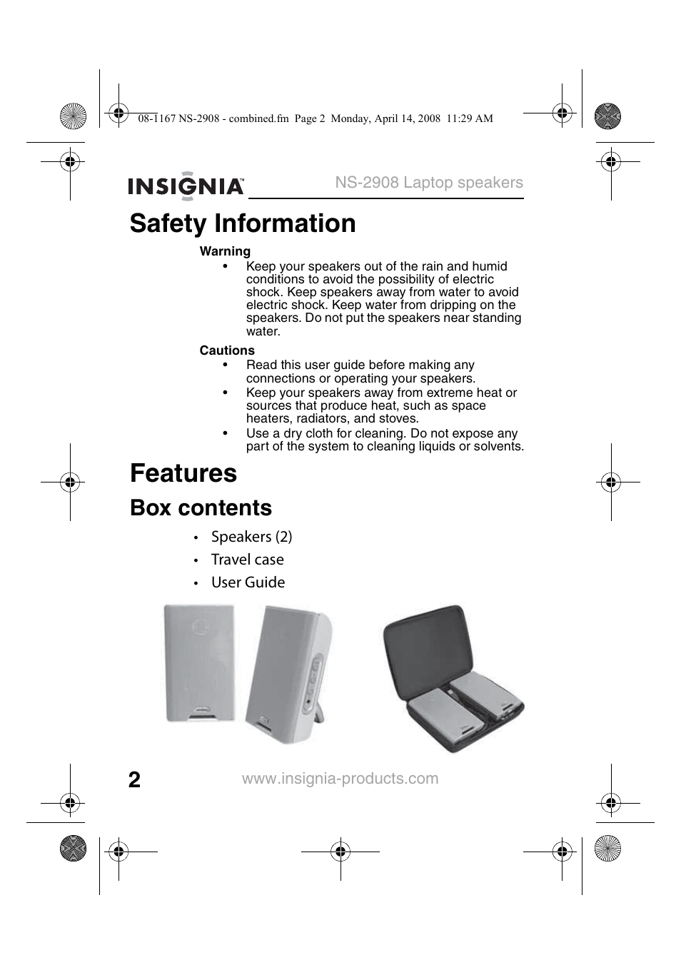 Safety information, Features, Box contents | Safety information features | Insignia NS-2908 User Manual | Page 4 / 28