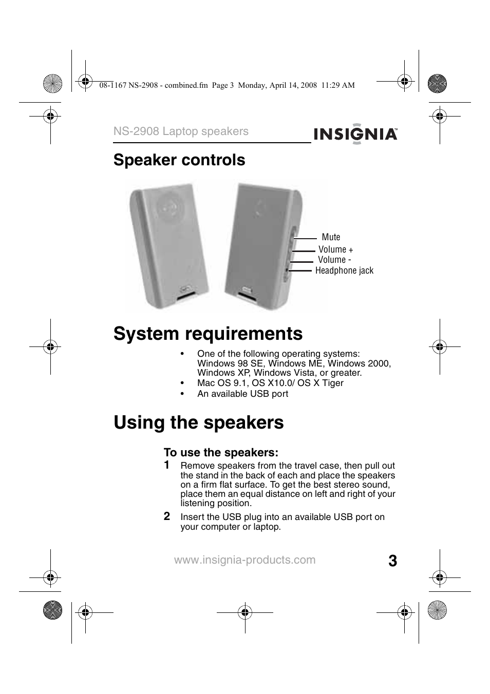 Speaker controls, System requirements, Using the speakers | System requirements using the speakers | Insignia NS-2908 User Manual | Page 5 / 28