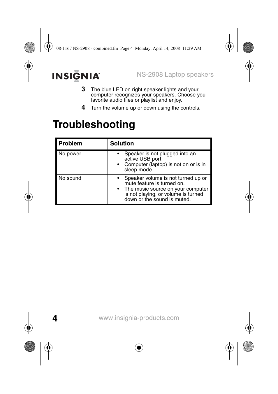 Troubleshooting | Insignia NS-2908 User Manual | Page 6 / 28