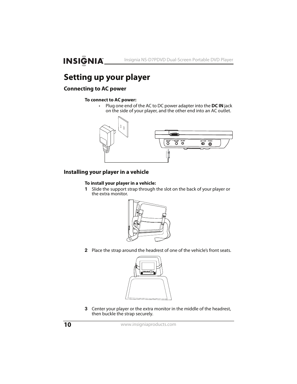 Setting up your player, Connecting to ac power, Installing your player in a vehicle | Insignia NS-D7PDVD User Manual | Page 10 / 29