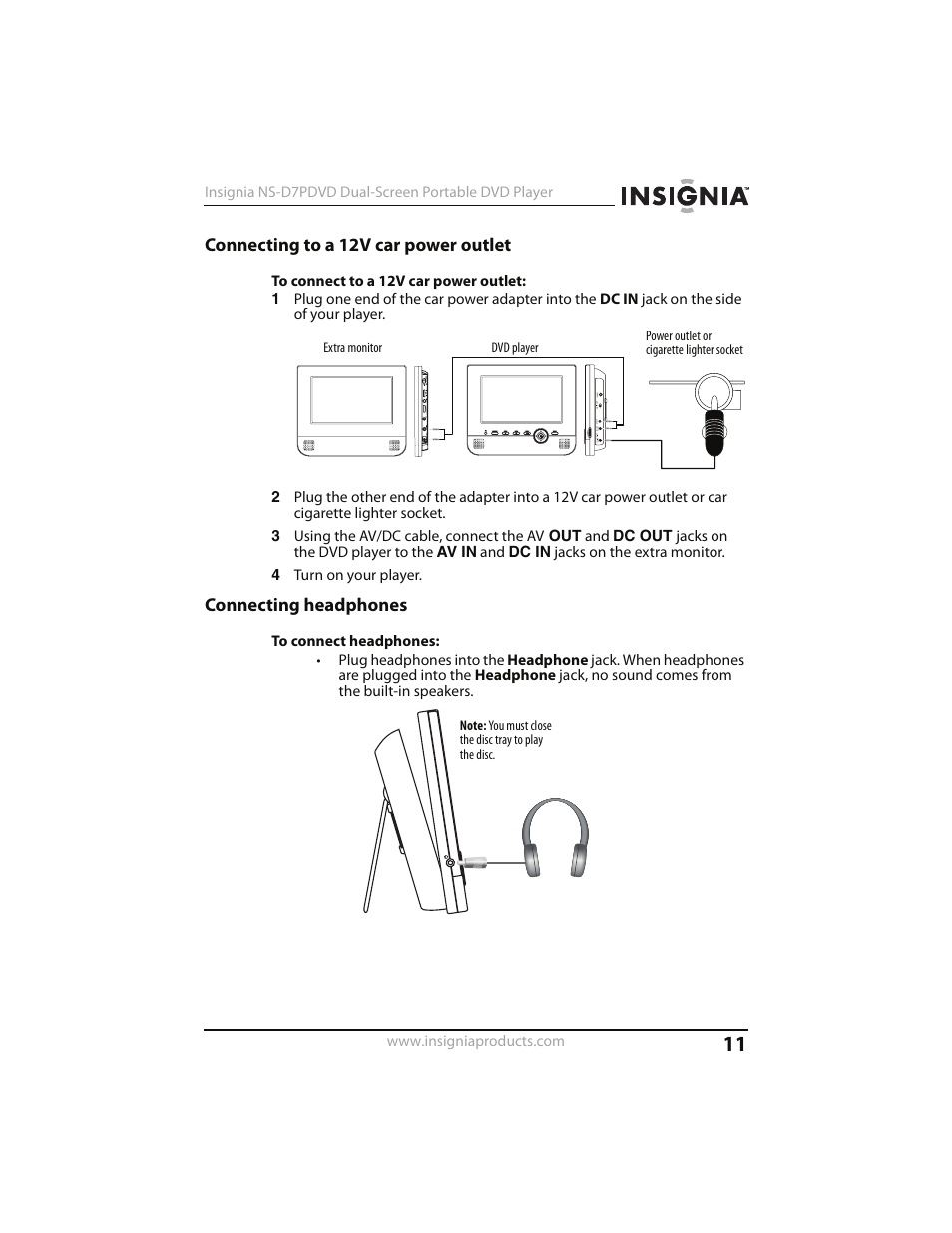 Connecting to a 12v car power outlet, Connecting headphones | Insignia NS-D7PDVD User Manual | Page 11 / 29