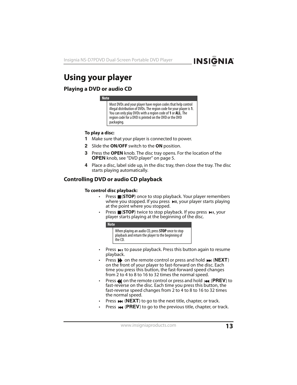Using your player, Playing a dvd or audio cd, Controlling dvd or audio cd playback | Insignia NS-D7PDVD User Manual | Page 13 / 29
