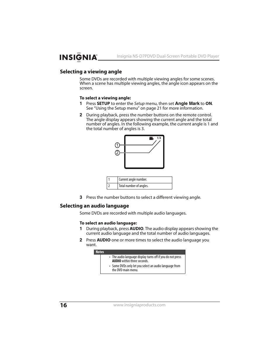 Selecting a viewing angle, Selecting an audio language | Insignia NS-D7PDVD User Manual | Page 16 / 29