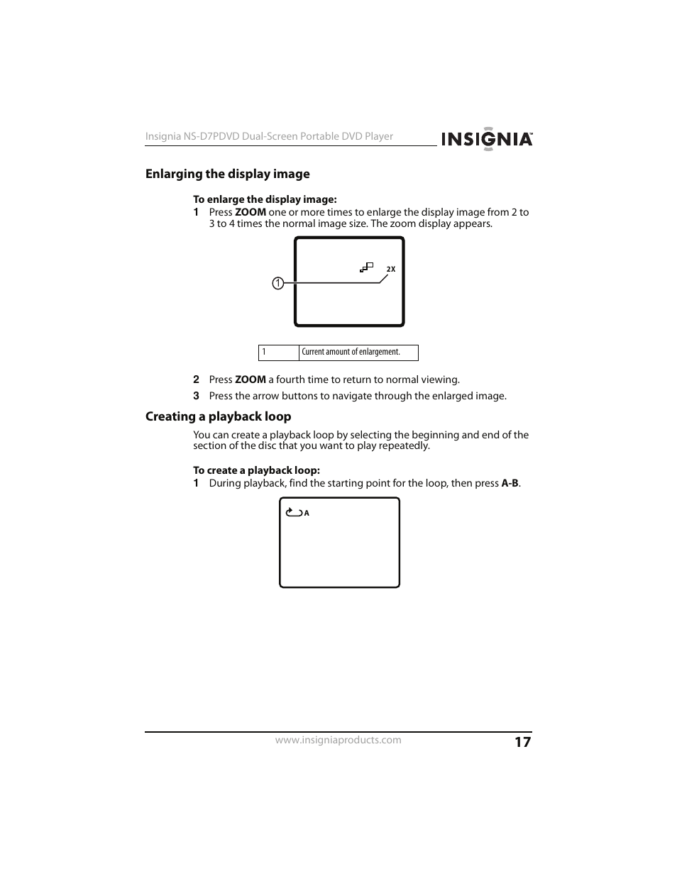 Enlarging the display image, Creating a playback loop | Insignia NS-D7PDVD User Manual | Page 17 / 29