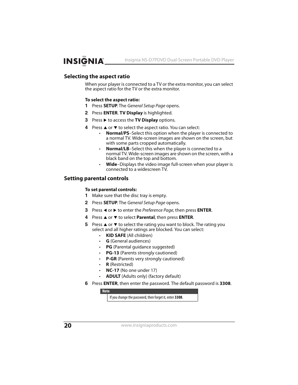 Selecting the aspect ratio, Setting parental controls | Insignia NS-D7PDVD User Manual | Page 20 / 29