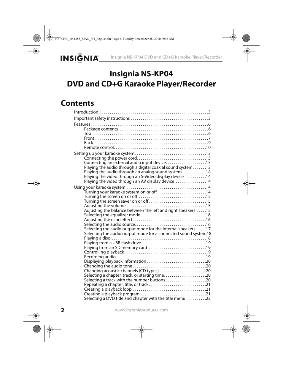 Insignia NS-KP04 User Manual | Page 2 / 40