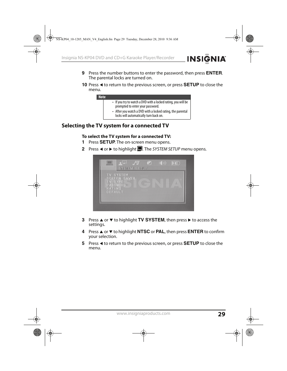 Selecting the tv system for a connected tv | Insignia NS-KP04 User Manual | Page 29 / 40