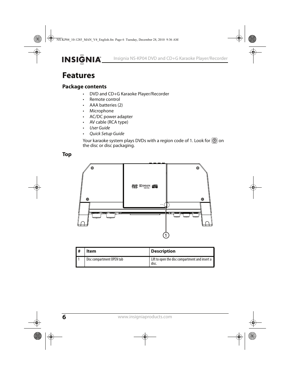 Features | Insignia NS-KP04 User Manual | Page 6 / 40