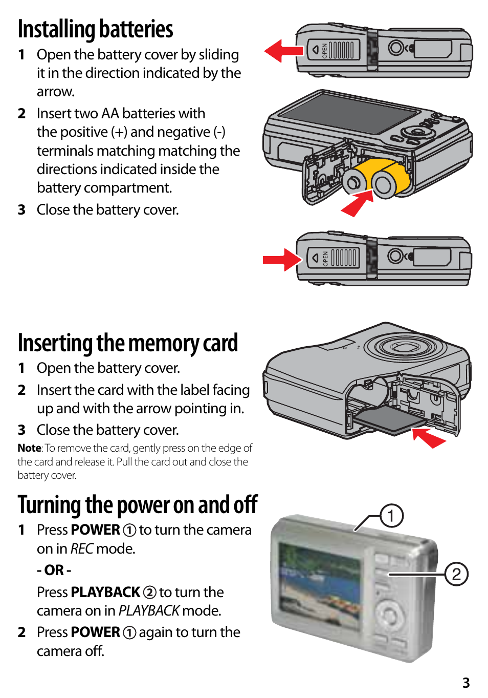 Installing batteries, Turning the power on and off | Insignia NS-DSC7P09 User Manual | Page 3 / 8