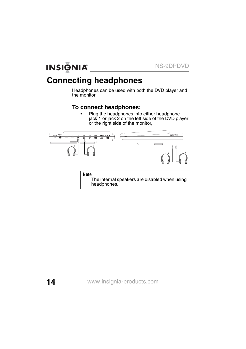 Connecting headphones | Insignia NS-9DPDVD User Manual | Page 16 / 100