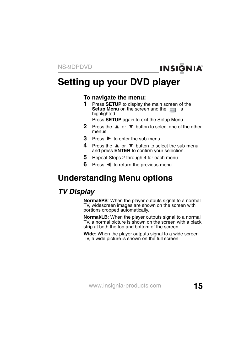 Setting up your dvd player, Understanding menu options, Tv display | Insignia NS-9DPDVD User Manual | Page 17 / 100