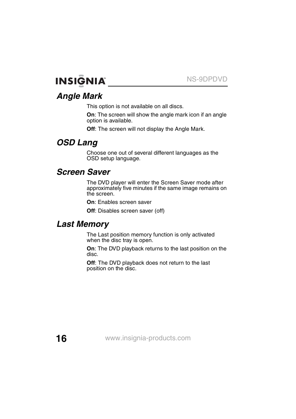 Angle mark, Osd lang, Screen saver | Insignia NS-9DPDVD User Manual | Page 18 / 100