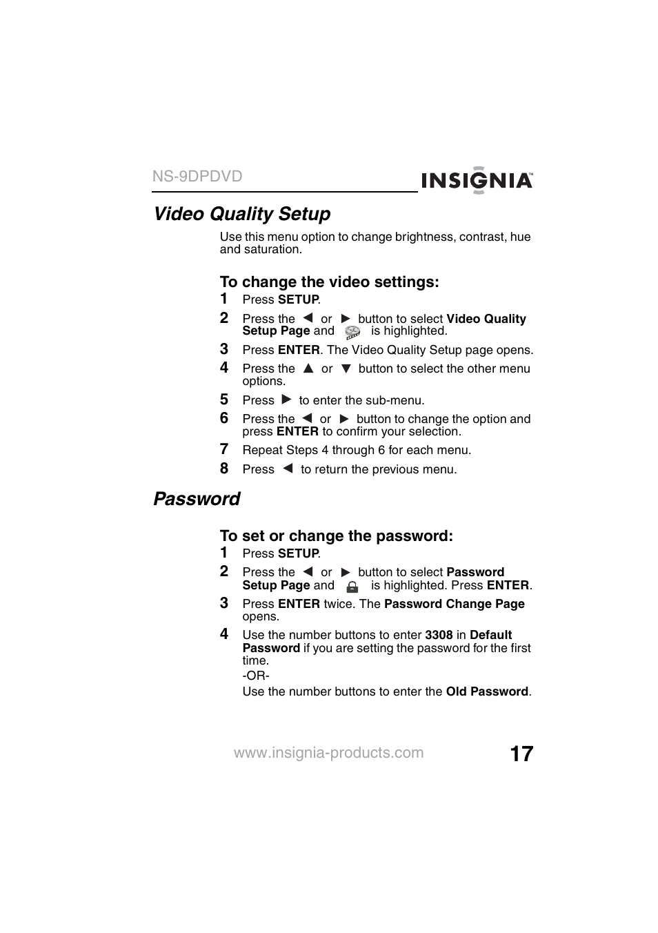 Video quality setup, Password | Insignia NS-9DPDVD User Manual | Page 19 / 100