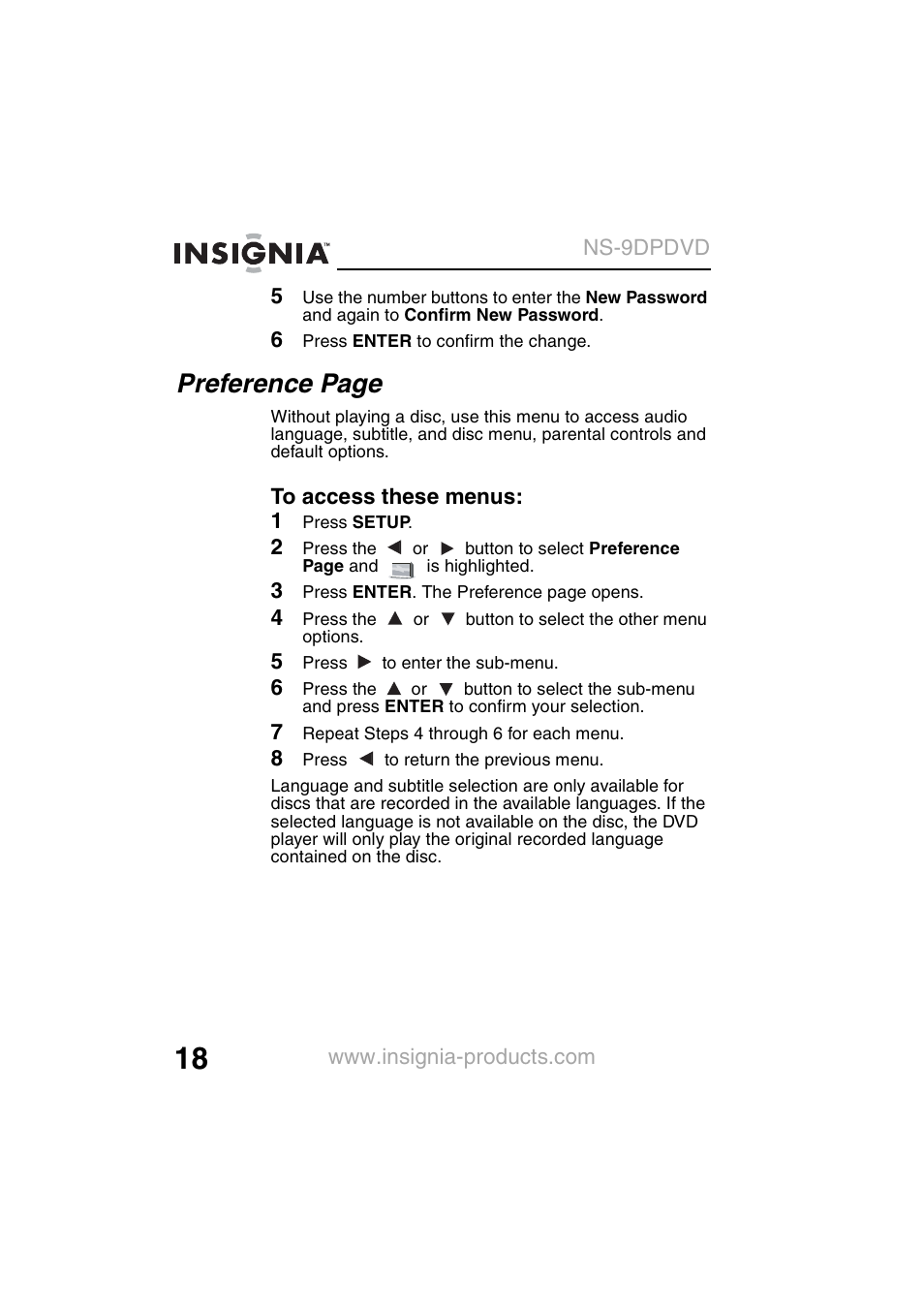 Preference page | Insignia NS-9DPDVD User Manual | Page 20 / 100