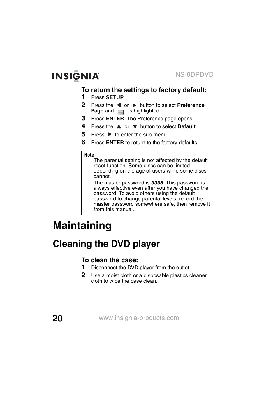 Maintaining, Cleaning the dvd player | Insignia NS-9DPDVD User Manual | Page 22 / 100